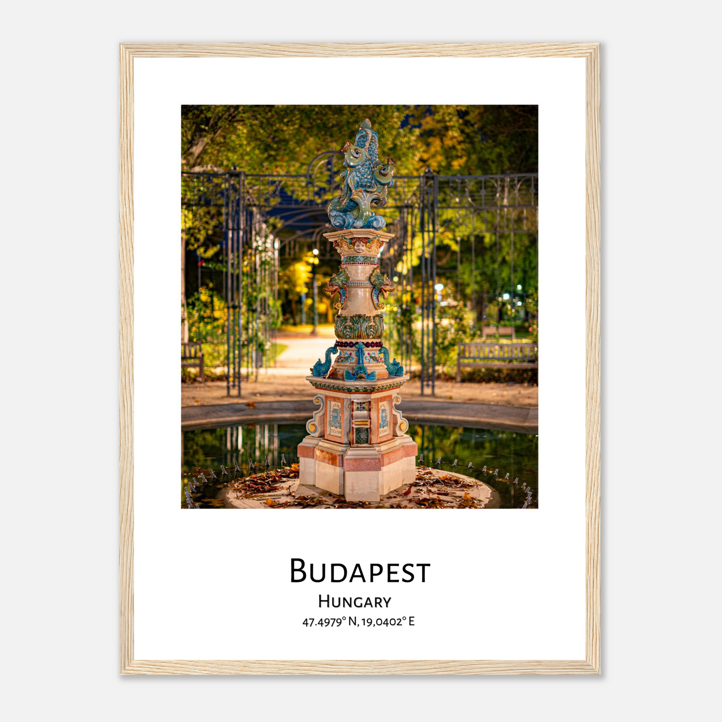 Personalised framed Budapest poster - Zsolnay fountain - wood frame - close-up