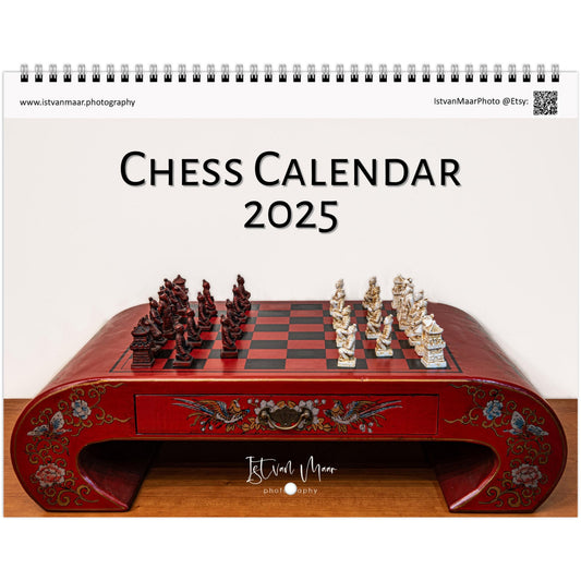 2025 Chess Wall Calendar by Istvan Maar Photography featuring intricate chess sets.