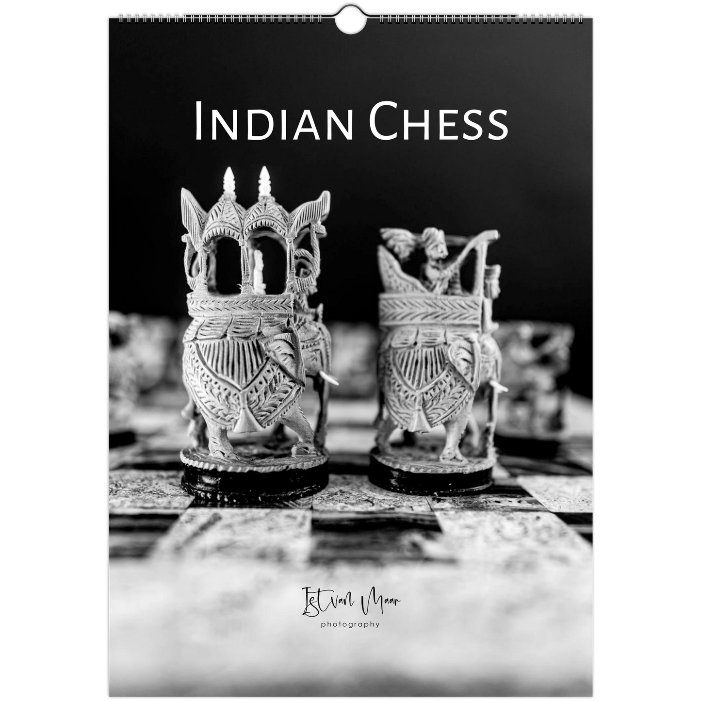 Calendar cover featuring black and white chess pieces with 'Indian Chess' text.