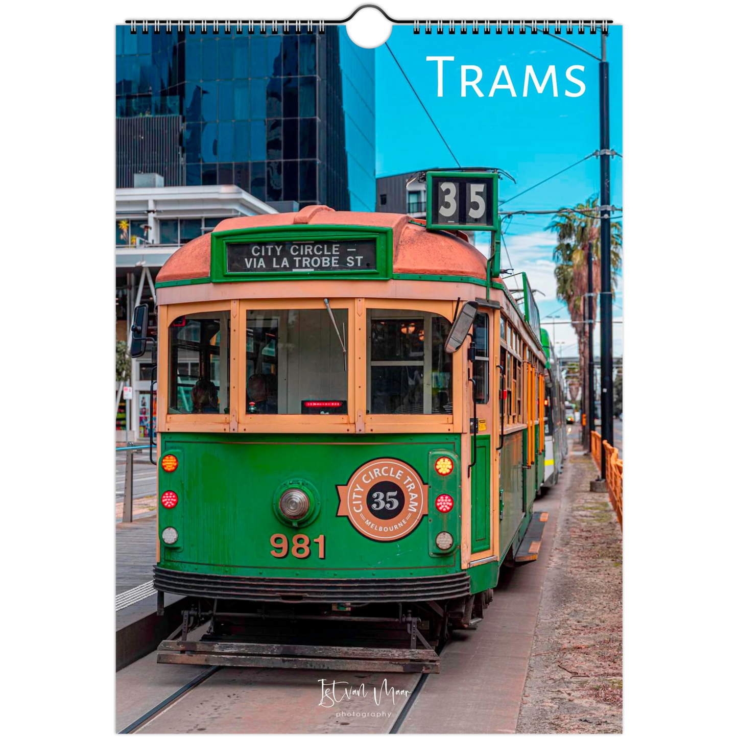 Calendar cover featuring a green tram with 'Trams' text and cityscape background