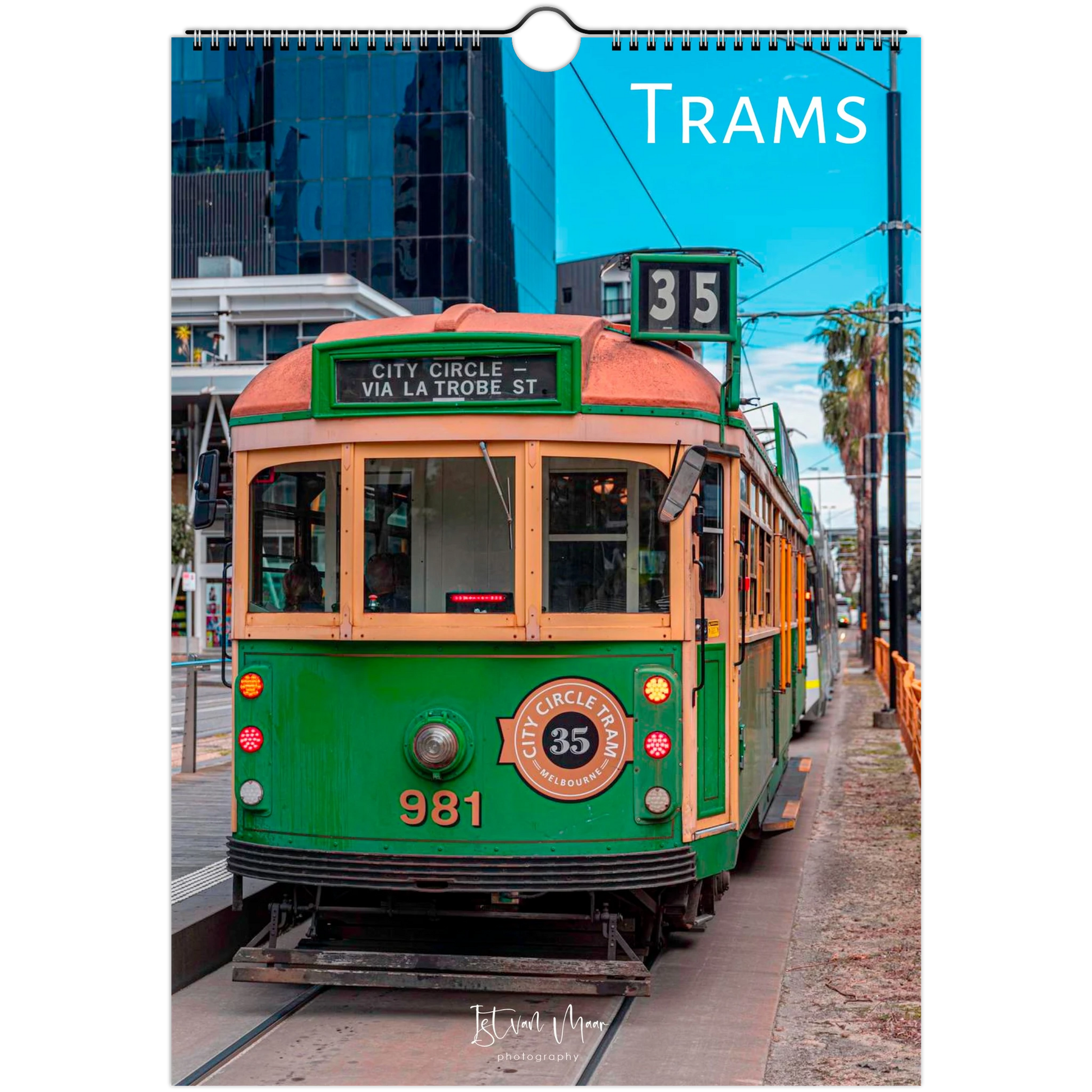 Calendar cover featuring a green tram with 'Trams' text and cityscape background