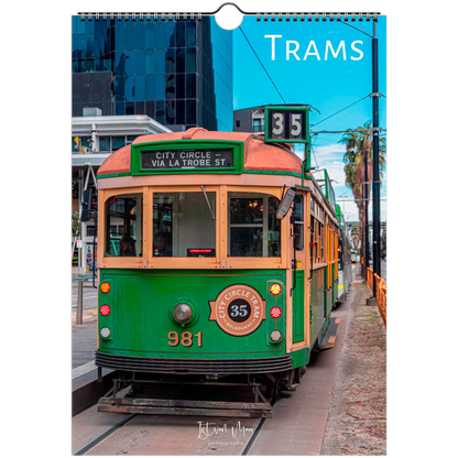 Calendar cover featuring a green tram with 'Trams' text and cityscape background