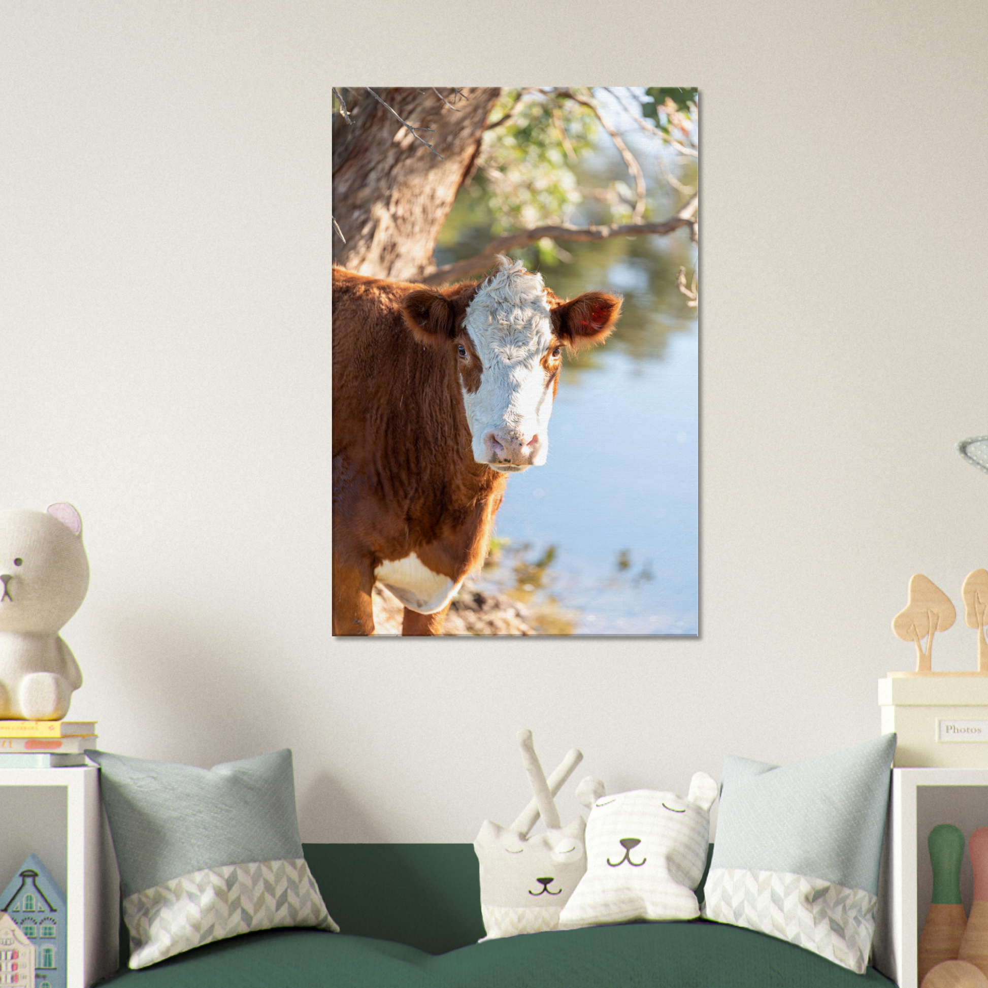 Cow Domestic Animal Canvas Wall Art Photography, Nursery Print, Nursery Animal Wall Decor, Kids Room, Prints, Stretched canvas by Istvan Maar Photography mockup 09