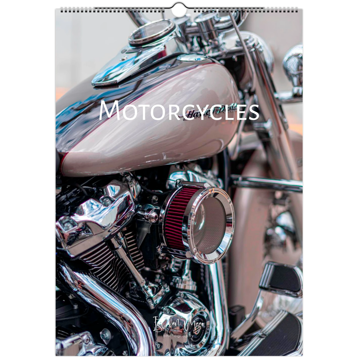 Personalised Motorcycle calendar with close-up of a motorcycle's engine and exhaust.