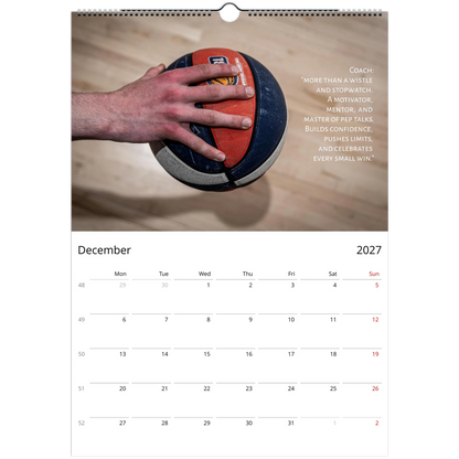 2027 Wall Calendar for the Best Basketball Coach – open calendar view with sports detail