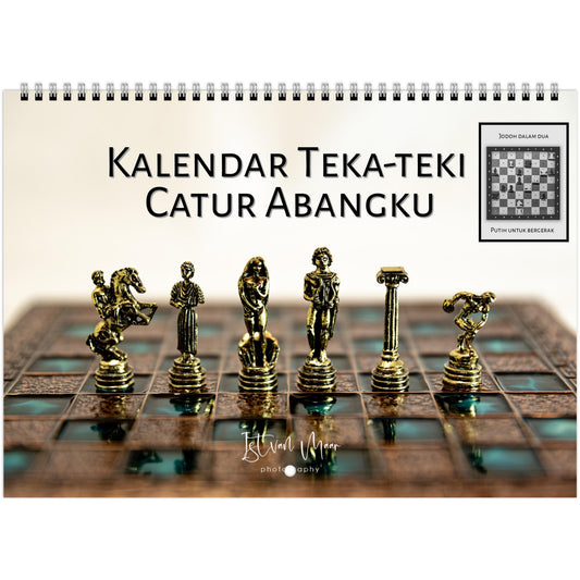 Personalised 2025 Chess Wall Calendar by Istvan Maar Photography featuring global chess sets and monthly chess puzzles, vibrant imagery in Malay