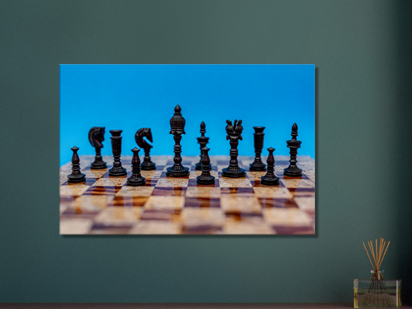 Wooden Chess Set Canvas with blue background by Istvan Maar Photography - featured wall décor