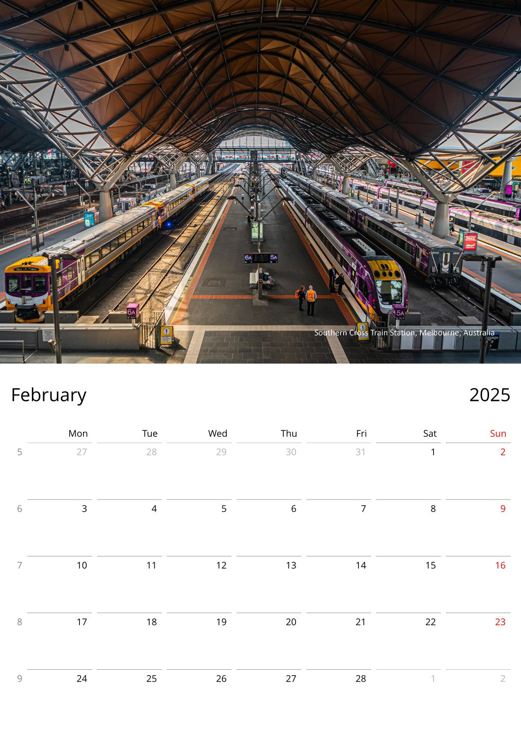 The page of Personalised Architecture Wall Calendar by Istvan Maar Photography in English week starts on Monday - February