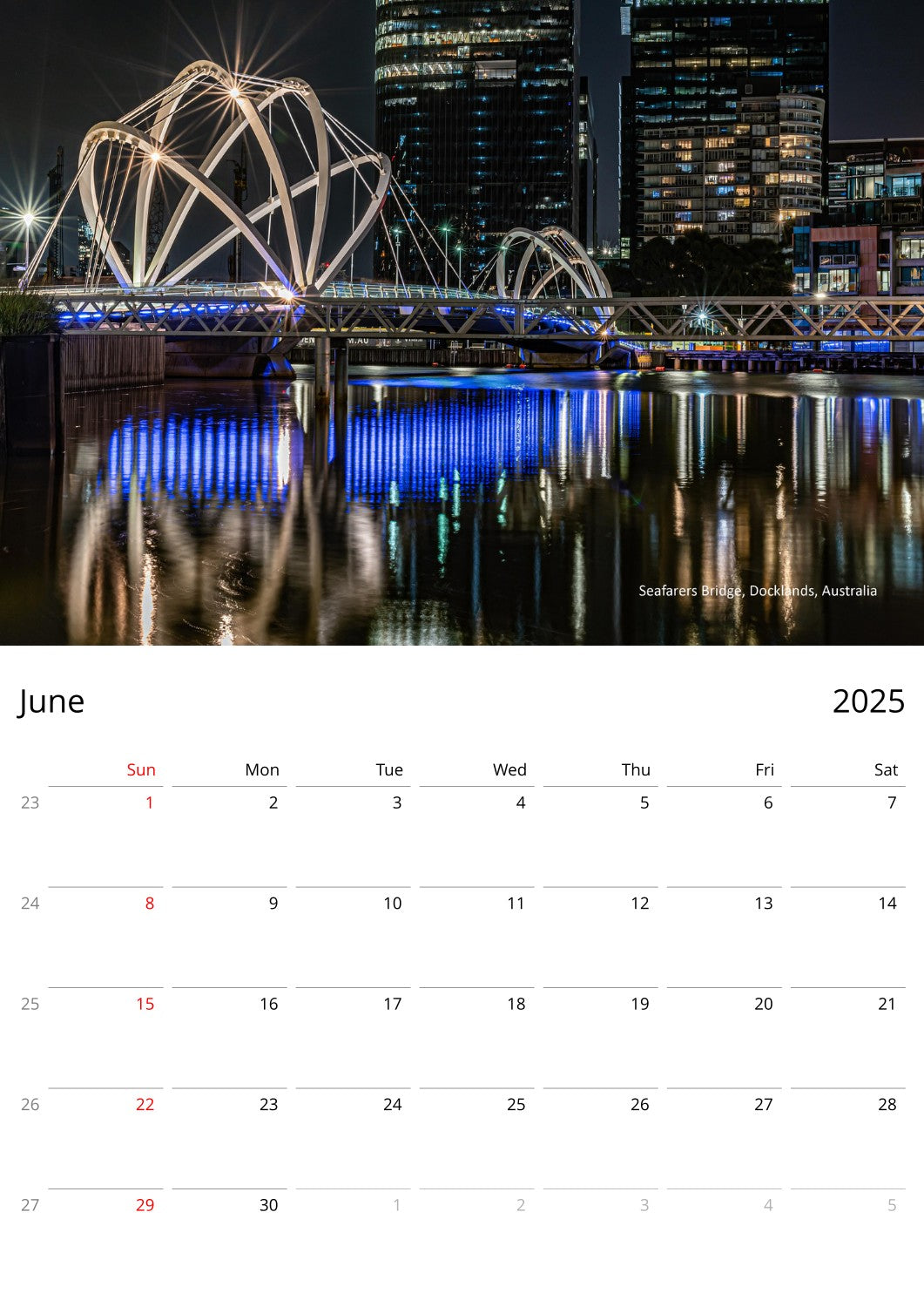 Page of Personalised Architecture Wall Calendar by Istvan Maar Photography in English week starts on Sunday - June