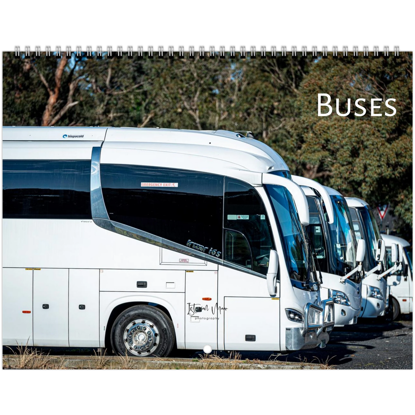 White buses waiting for the next tour. Calendar cover by Istvan Maar Photography.
