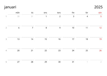 A4 Calendar grid in Swedish