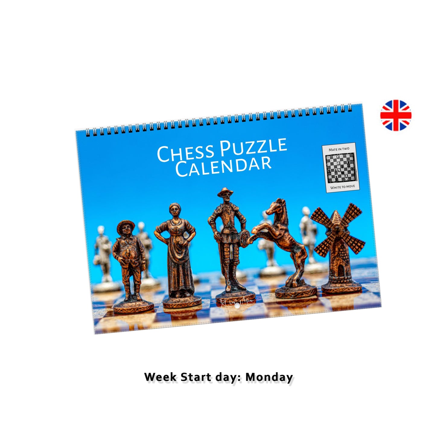 Cover page of the chess puzzle wall calendar by Istvan Maar Photography in English Week starts on Monday