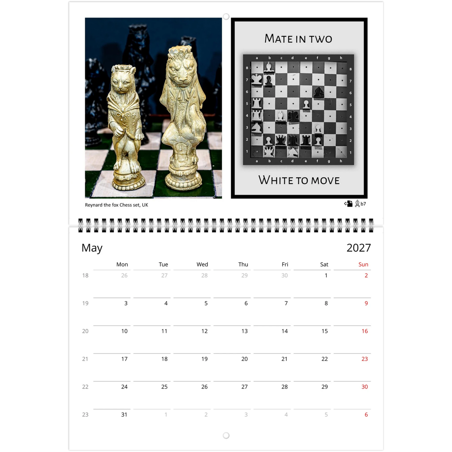 Chess puzzle wall calendar by Istvan Maar Photography, featuring chess boards and sets from different cultures. with challenging puzzle for each month.  