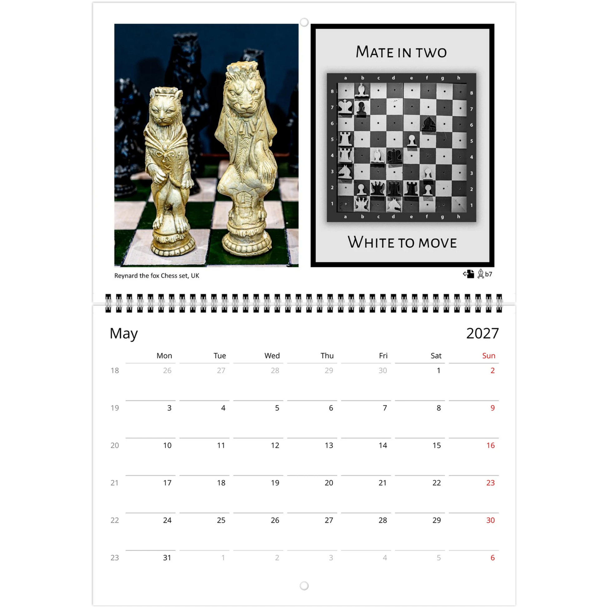 Chess puzzle wall calendar by Istvan Maar Photography, featuring chess boards and sets from different cultures. with challenging puzzle for each month.  