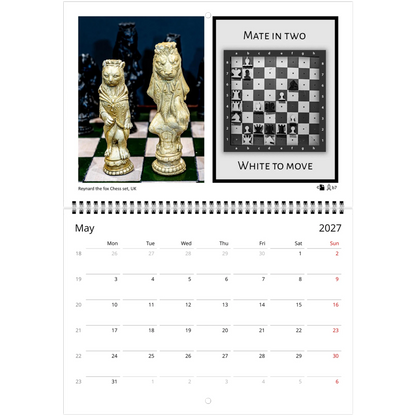Chess puzzle wall calendar by Istvan Maar Photography, featuring chess boards and sets from different cultures. with challenging puzzle for each month.  