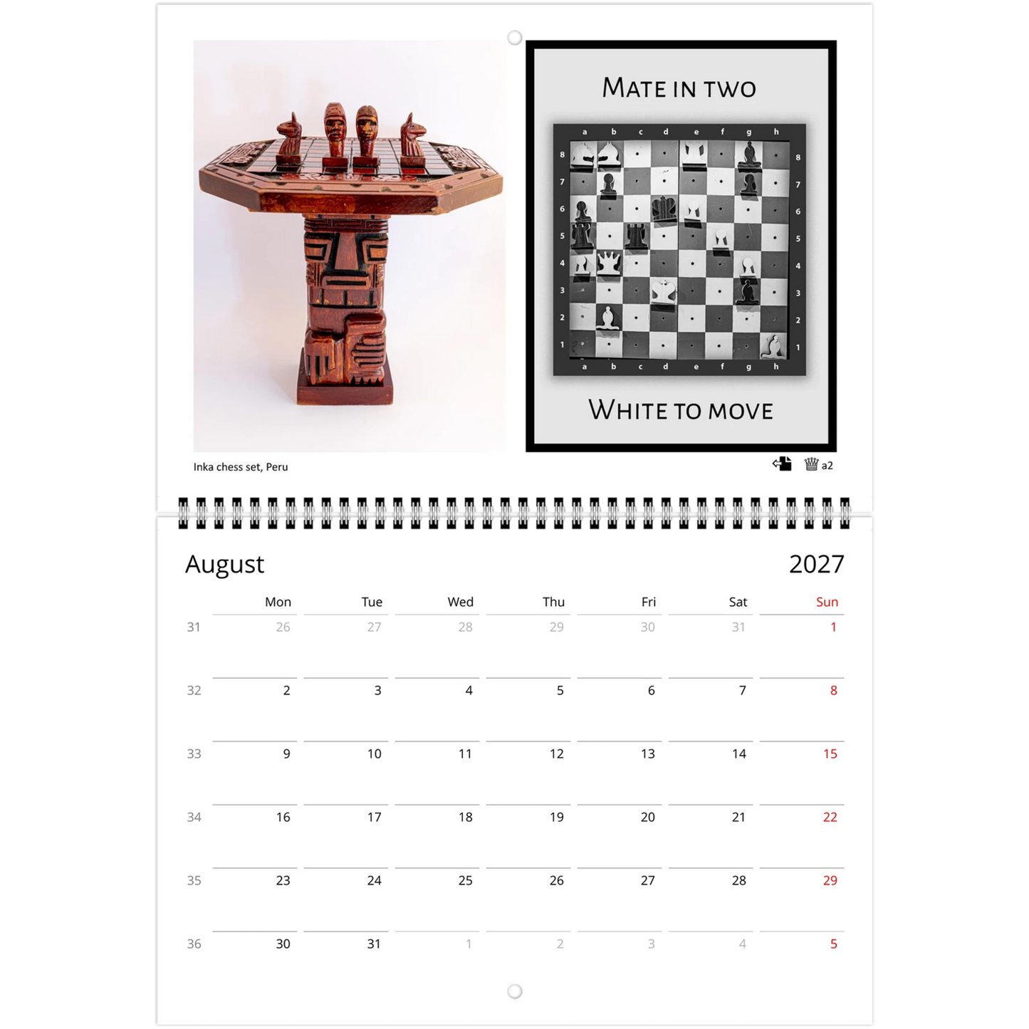 Chess puzzle wall calendar by Istvan Maar Photography, featuring chess boards and sets from different cultures. with challenging puzzle for each month.  