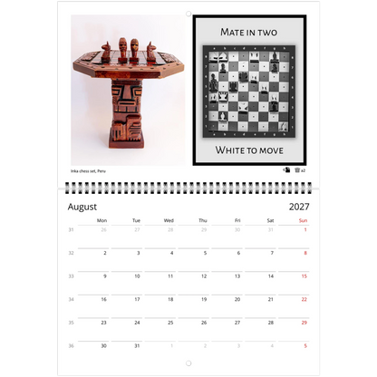 Chess puzzle wall calendar by Istvan Maar Photography, featuring chess boards and sets from different cultures. with challenging puzzle for each month.  