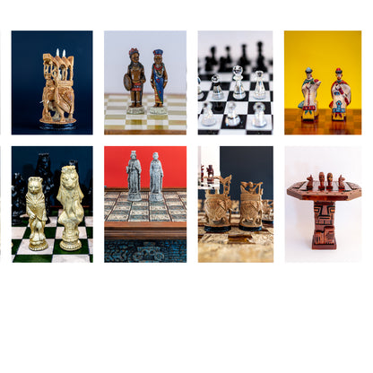 Collage of various chess sets with different pieces and styles in chess puzzle calendar designed by Istvan Maar Photography.
