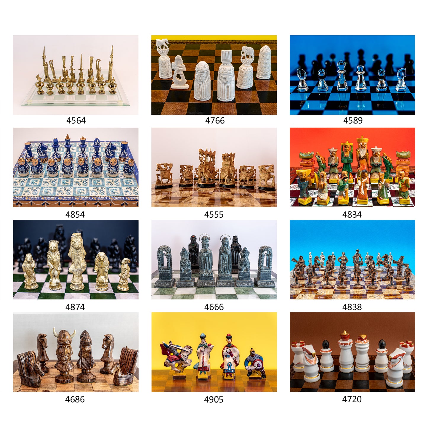Grid of various chess sets with different designs and colors on checkered boards.