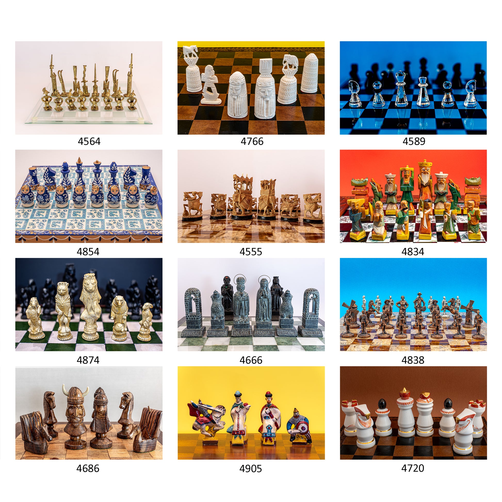 Grid of various chess sets with different designs and colors on checkered boards.