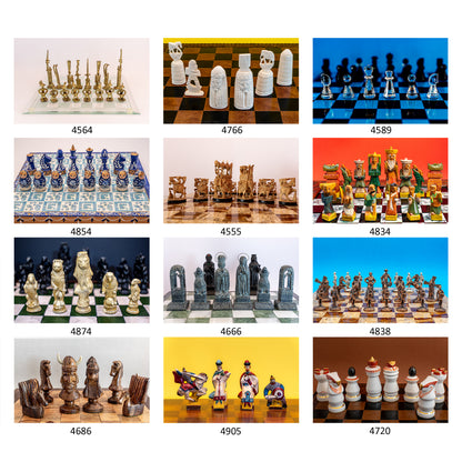 Grid of various chess sets with different designs and colors on checkered boards.