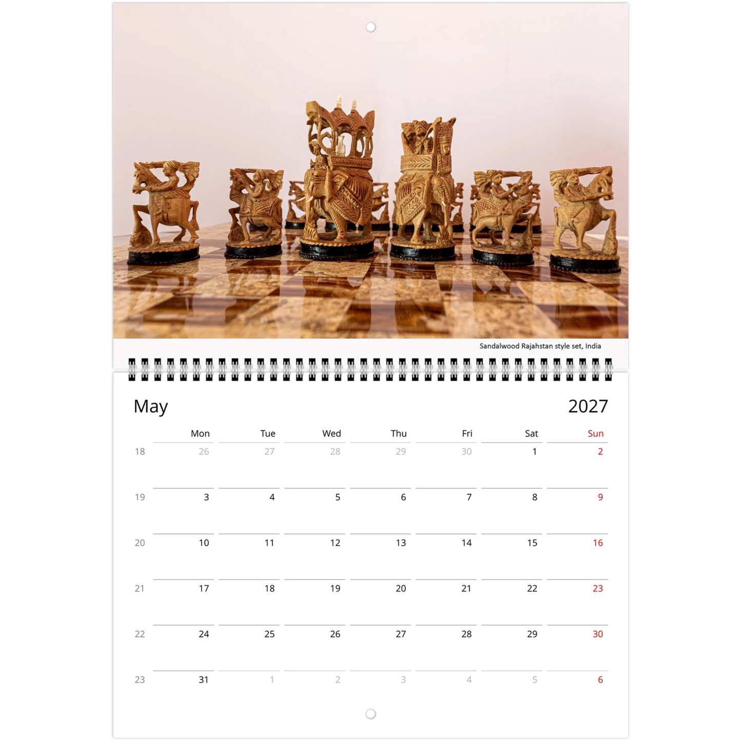 Chess wall calendar by Istvan Maar Photography, featuring chess boards and sets.