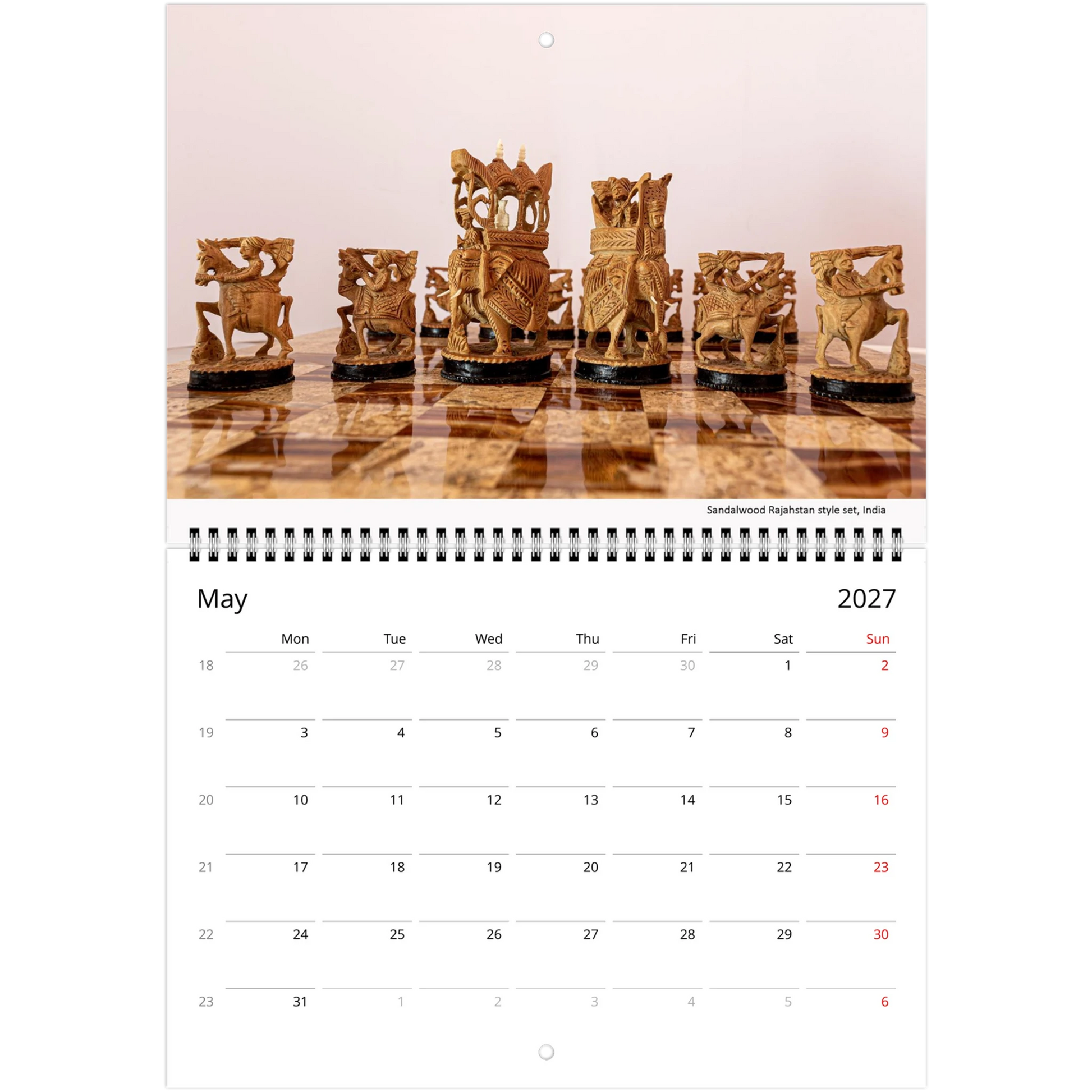 Chess wall calendar by Istvan Maar Photography, featuring chess boards and sets.