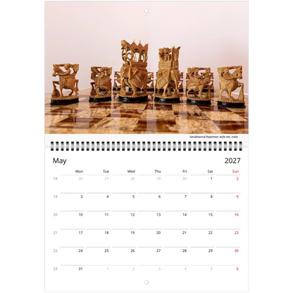 Chess wall calendar by Istvan Maar Photography, featuring chess boards and sets.