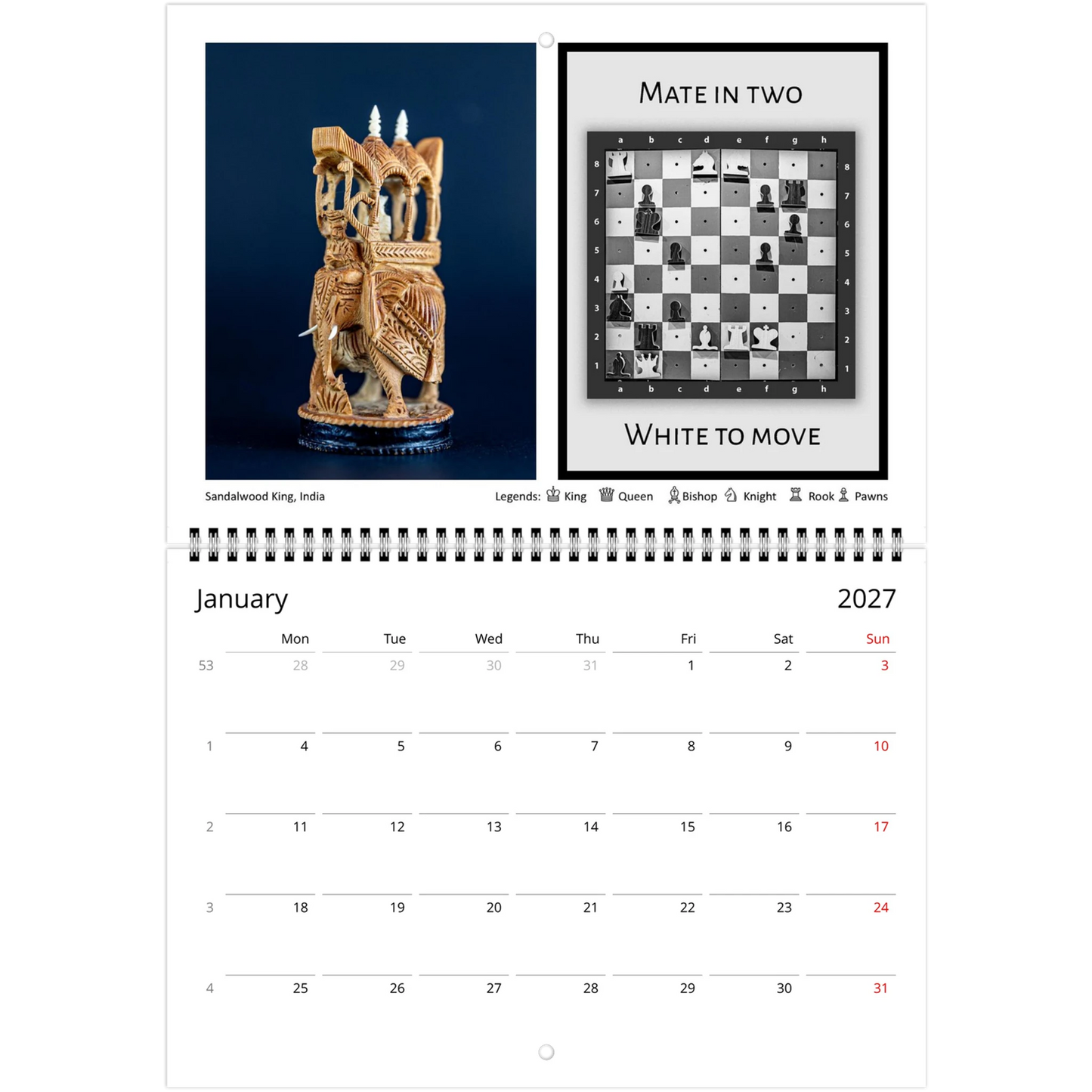 Chess puzzle wall calendar by Istvan Maar Photography, featuring chess boards and sets from different cultures. with challenging puzzle for each month.  