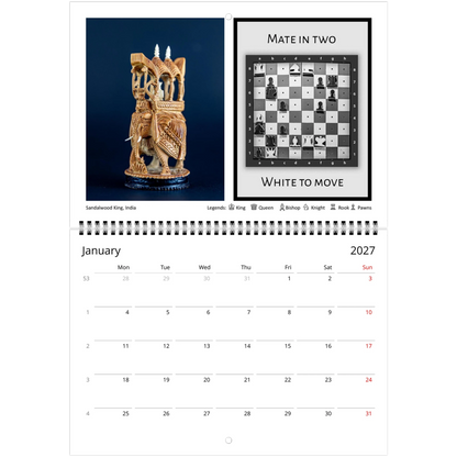 Chess puzzle wall calendar by Istvan Maar Photography, featuring chess boards and sets from different cultures. with challenging puzzle for each month.  
