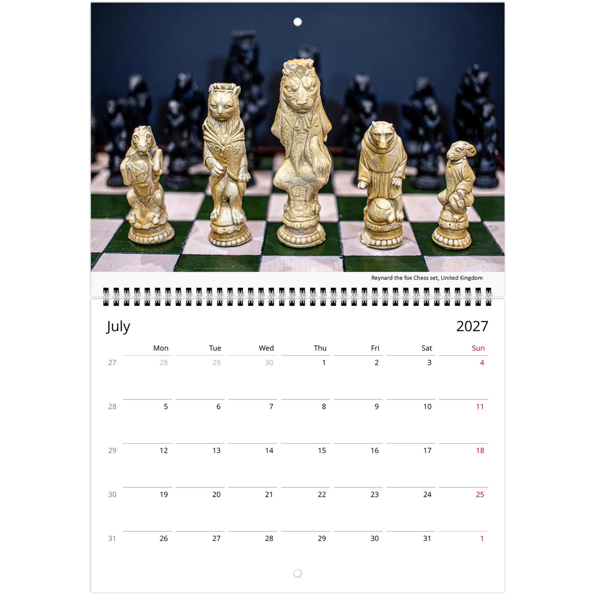 Chess wall calendar by Istvan Maar Photography, featuring chess boards and sets from different cultures.  