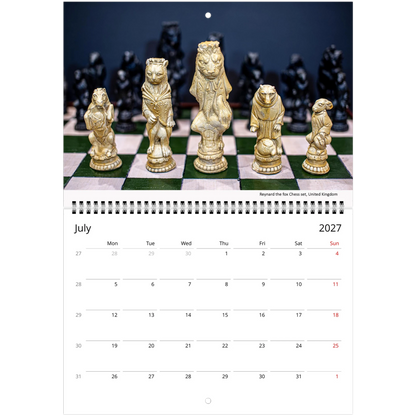 Chess wall calendar by Istvan Maar Photography, featuring chess boards and sets from different cultures.  