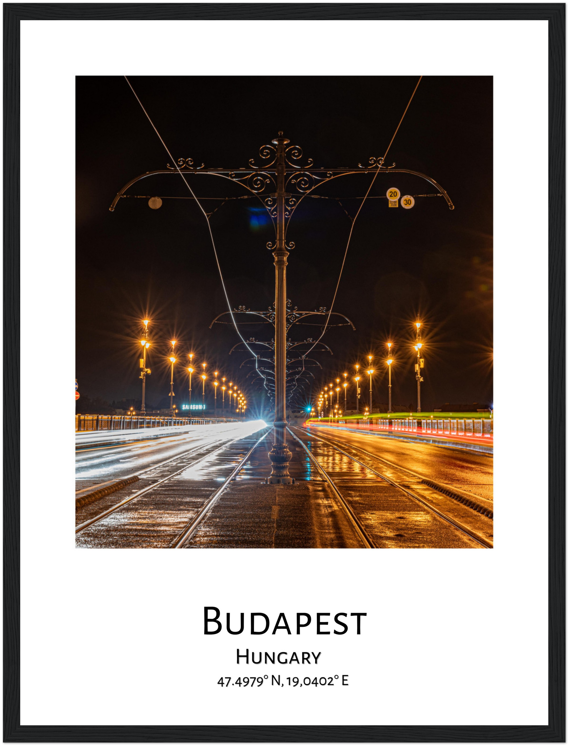 Personalized framed Budapest travel poster - Margaret bridge by night - black frame - close-up 3