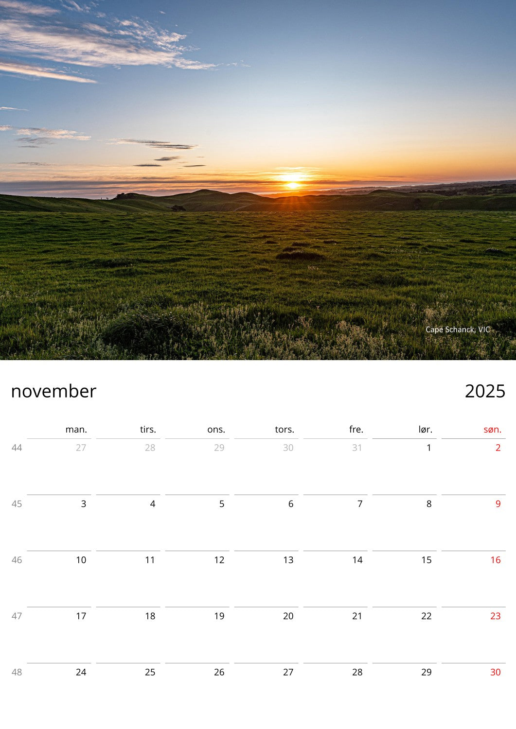 Sunrise and sunset monthly wall planner by Istvan Maar Photography - monthly page