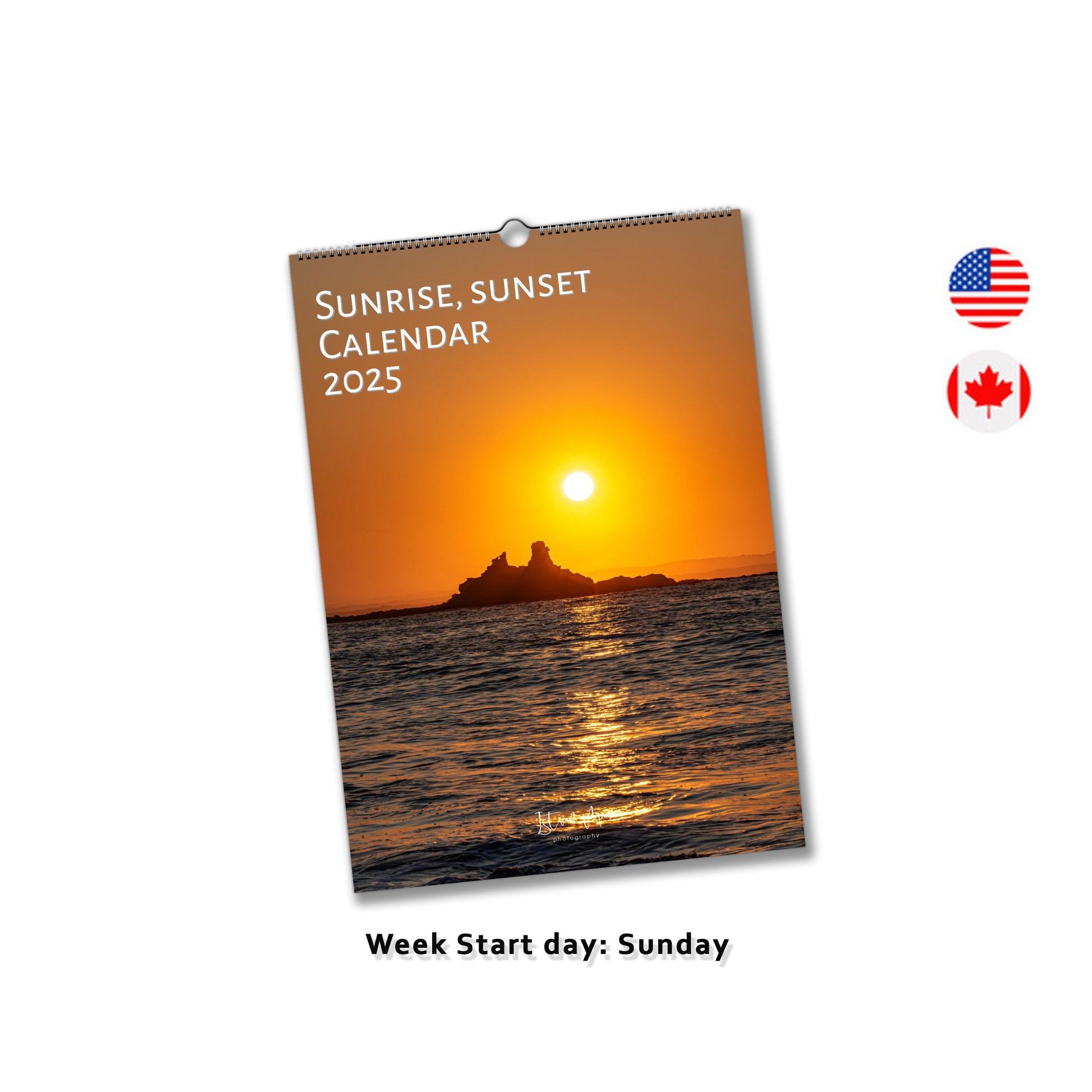 Sunrise and sunset monthly wall calendar by Istvan Maar Photography in English Week starts on Sunday