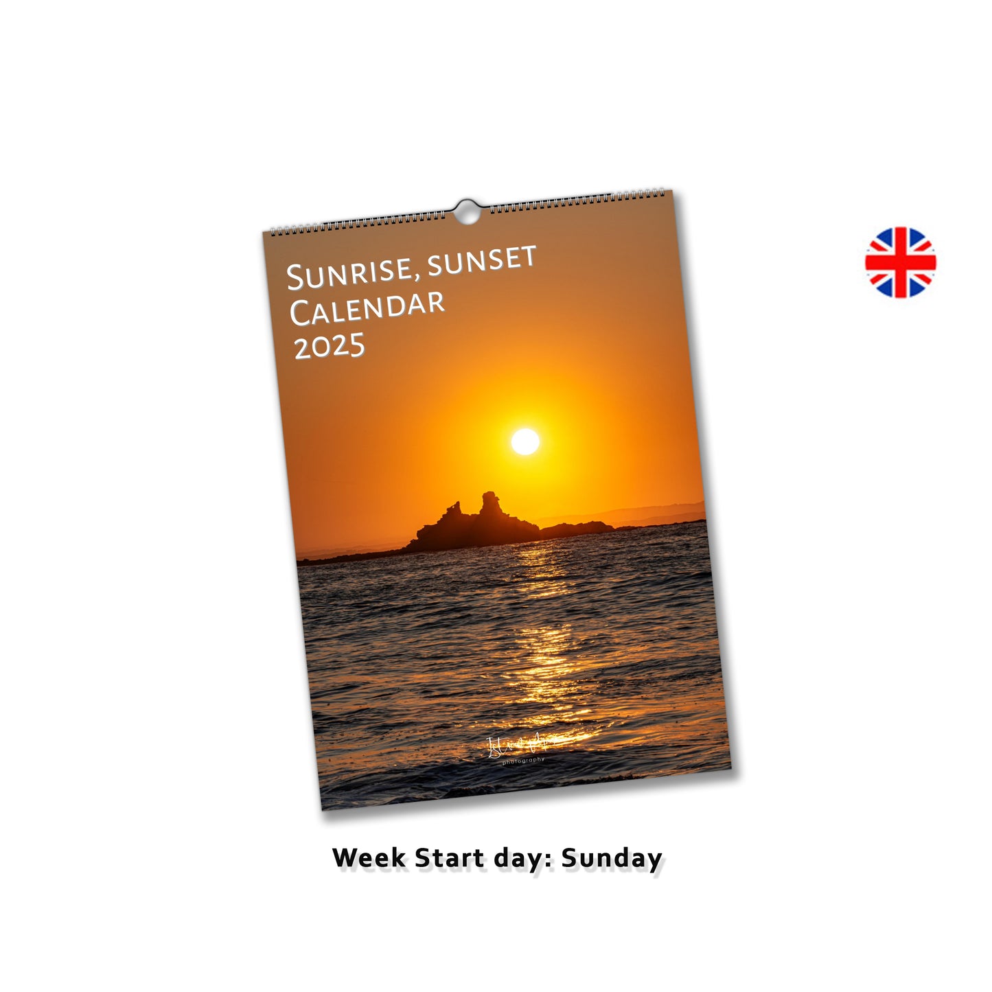 Sunrise and sunset monthly wall calendar by Istvan Maar Photography in English Week starts on Sunday