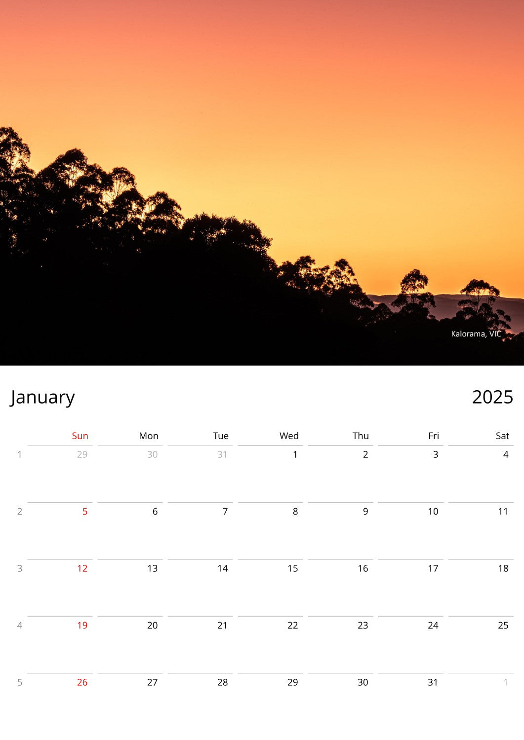 Sunrise and sunset monthly wall planner by Istvan Maar Photography - monthly page