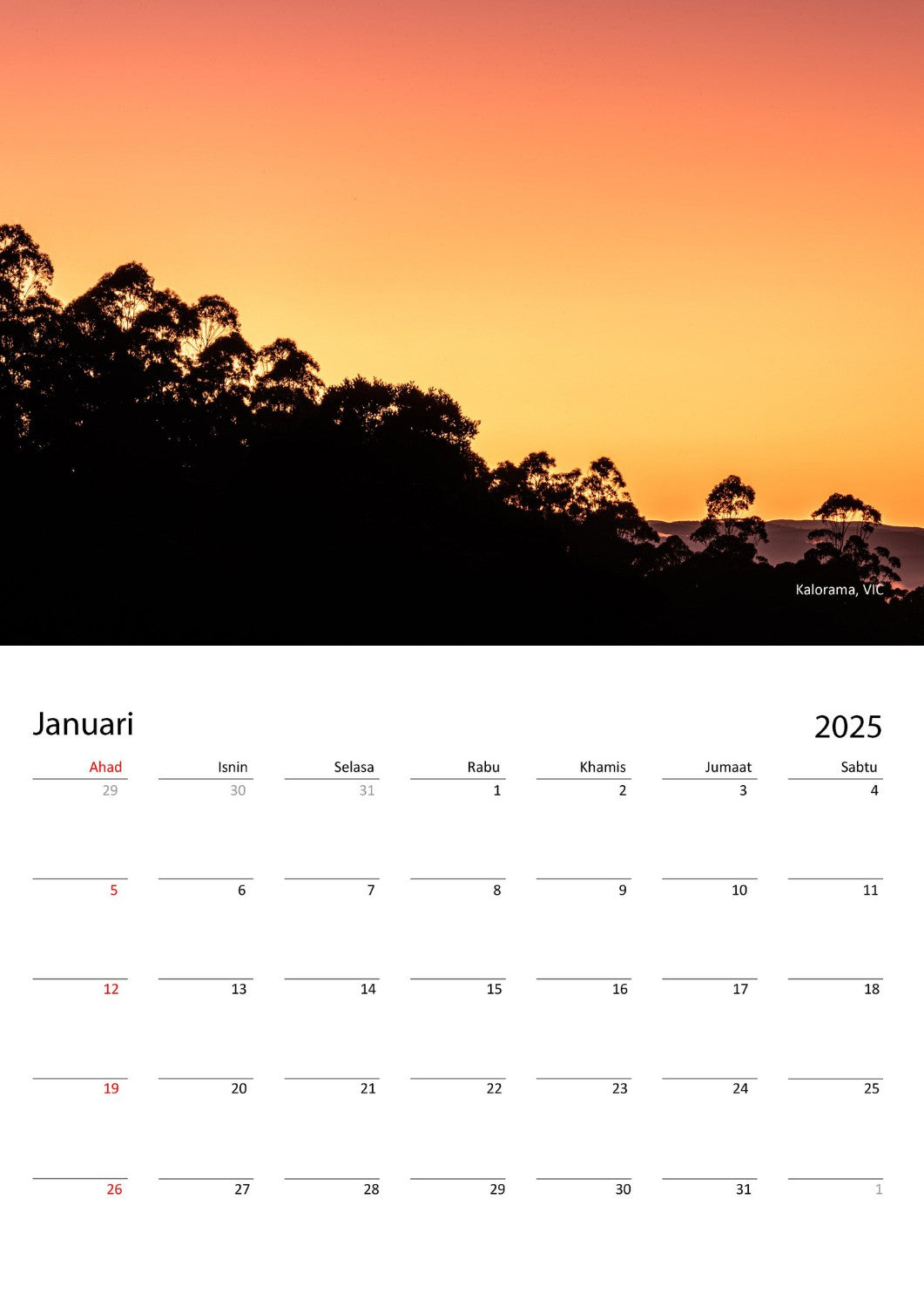 Sunrise calendar January page in Malay