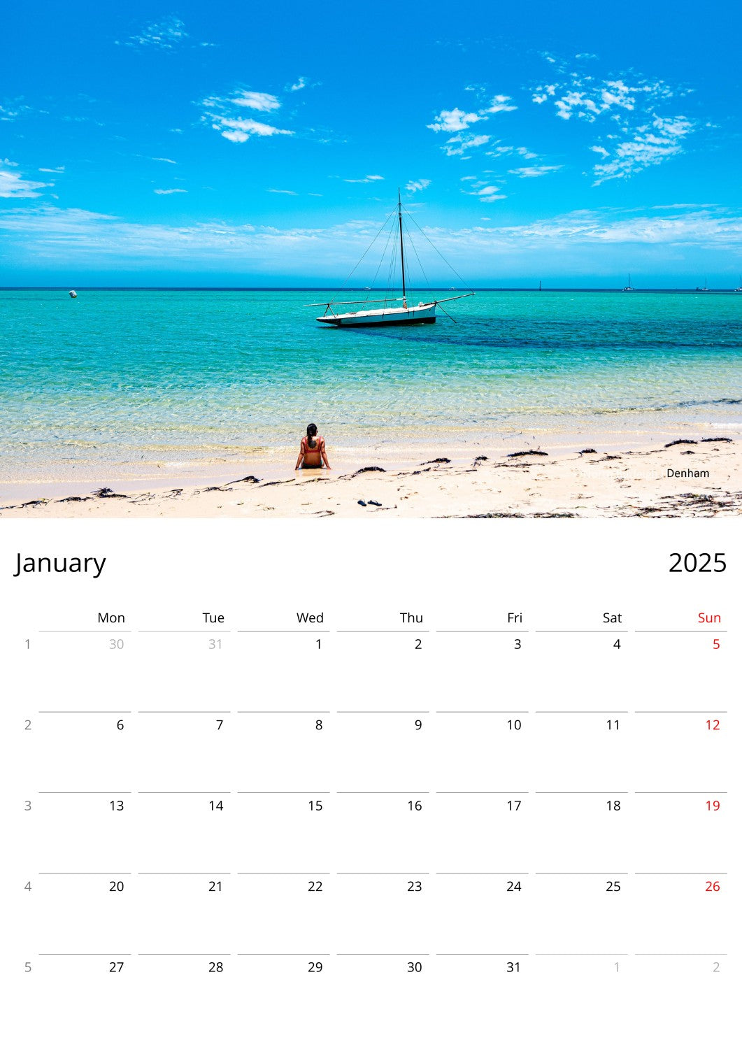 Personalized Western Australia Calendar English Sunday | Ledger Vertical | 6304