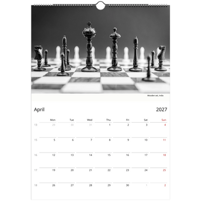 2027 Black and White Chess Wall Calendar – open calendar view with chess piece detail