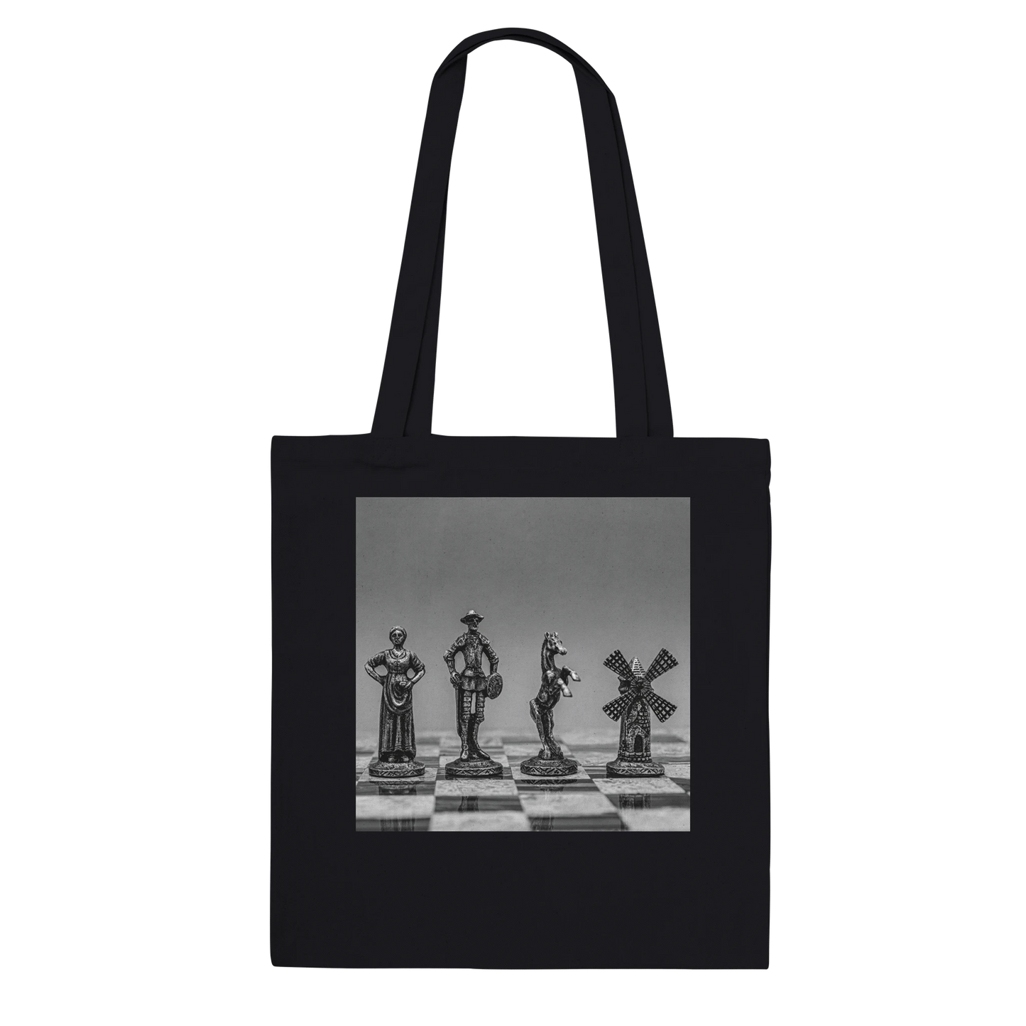 Black tote bag with Don Quixote  design on a black and white background by Istvan Maar Photography