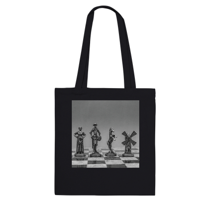 Black tote bag with Don Quixote  design on a black and white background by Istvan Maar Photography