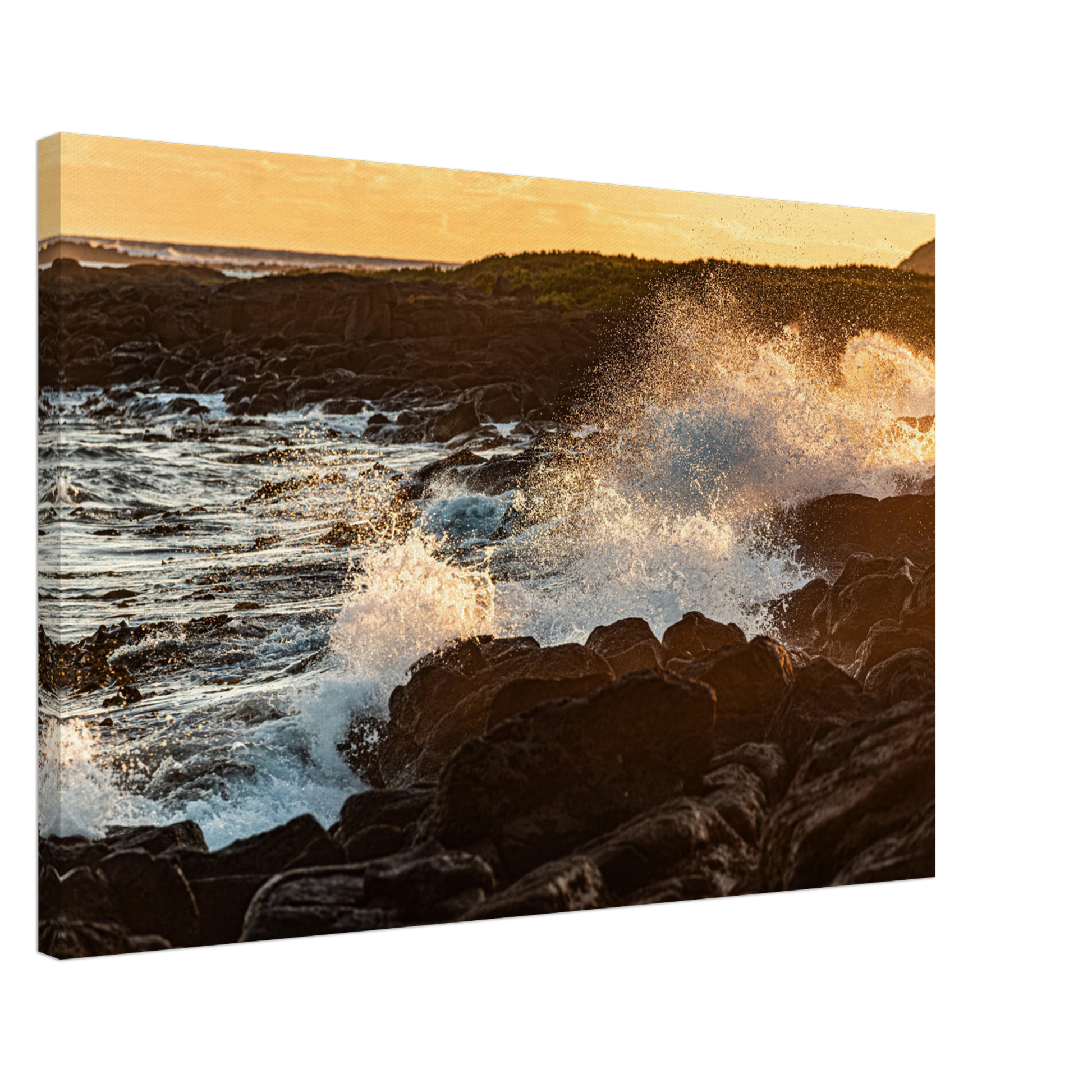 Sunset black rocks with waves on canvas by Istvan Maar Photography - by side