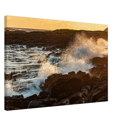 Sunset black rocks with waves on canvas by Istvan Maar Photography - by side