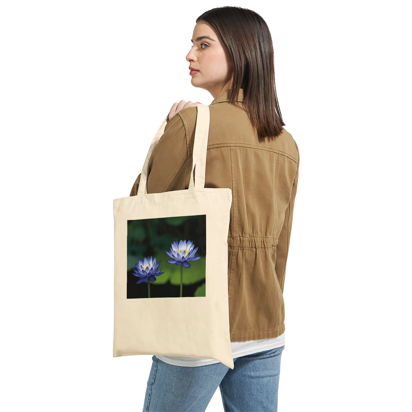Water Lilies Tote Bag – Fine Art Blue Lotus Photography – Personalised Floral Tote