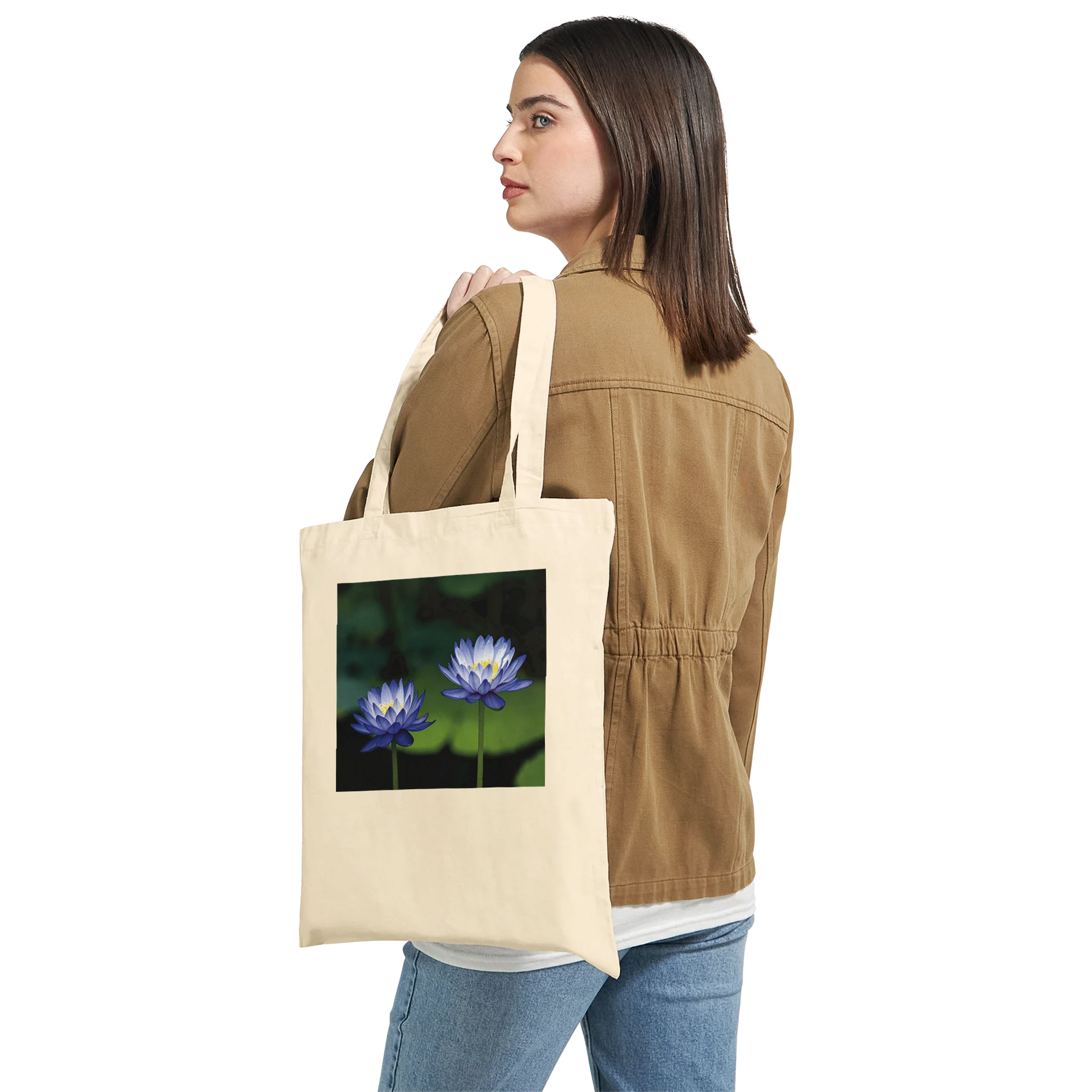 Water Lilies Tote Bag – Fine Art Blue Lotus Photography – Personalised Floral Tote