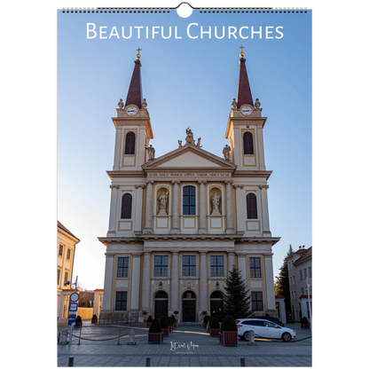Calendar cover featuring a large church with two towers against a blue sky.