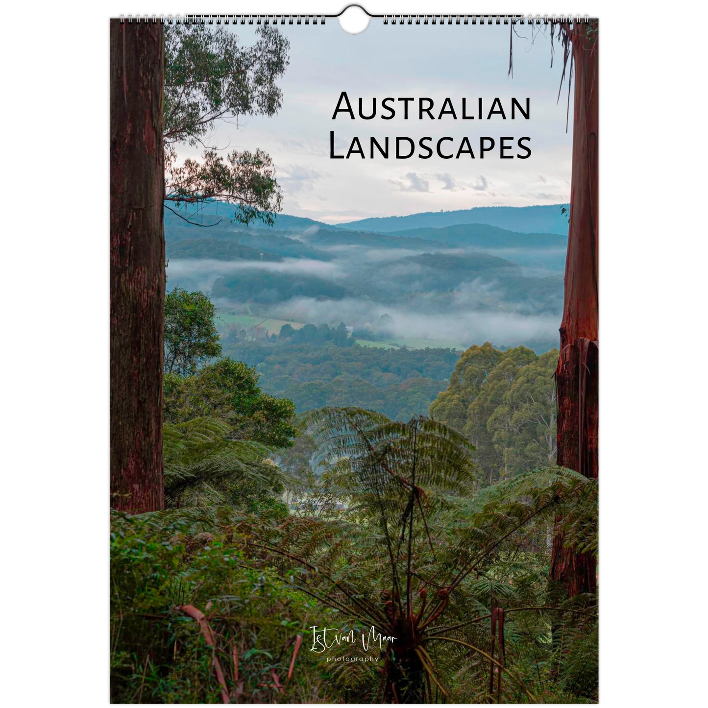 Calendar cover featuring a scenic Australian landscape with trees and misty mountains.