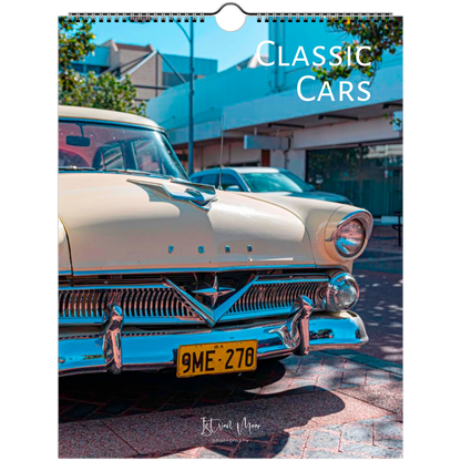 A spiral-bound wall calendar featuring a vintage cream-colored Ford car on a street, with the text 'CLASSIC CARS' at the top and a small 'Istvan Maar Photography' logo at the bottom.