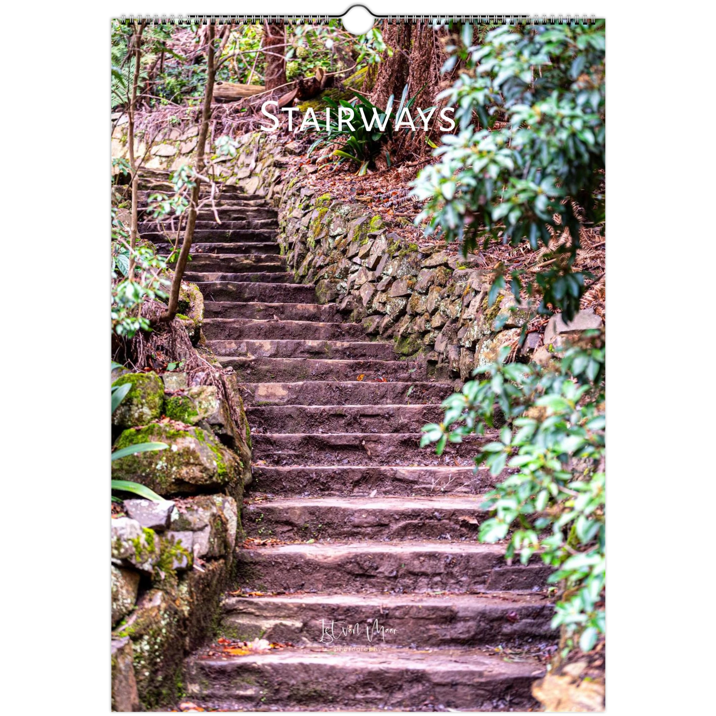 Calendar cover with a stone staircase in a forest setting and 'STAIRWAYS' text.